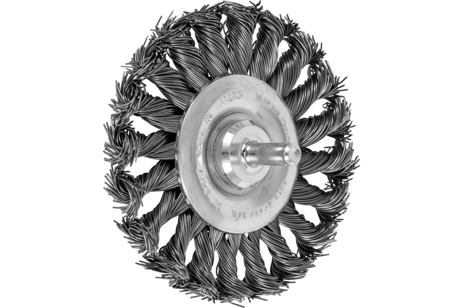 Picture of Pferd Mounted Knot Wheel Brush 3-1/4" Dia. .020 Carbon Steel 1/4" Shank